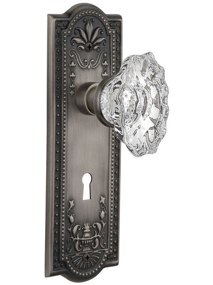 Meadows Design Mortise-Lock Set with Chateau Crystal Glass Knobs in Antique Pewter.